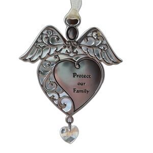 Ganz "Protect Our Family" Guardian Angel Ornament Silver Tone w/ Heart Crystal